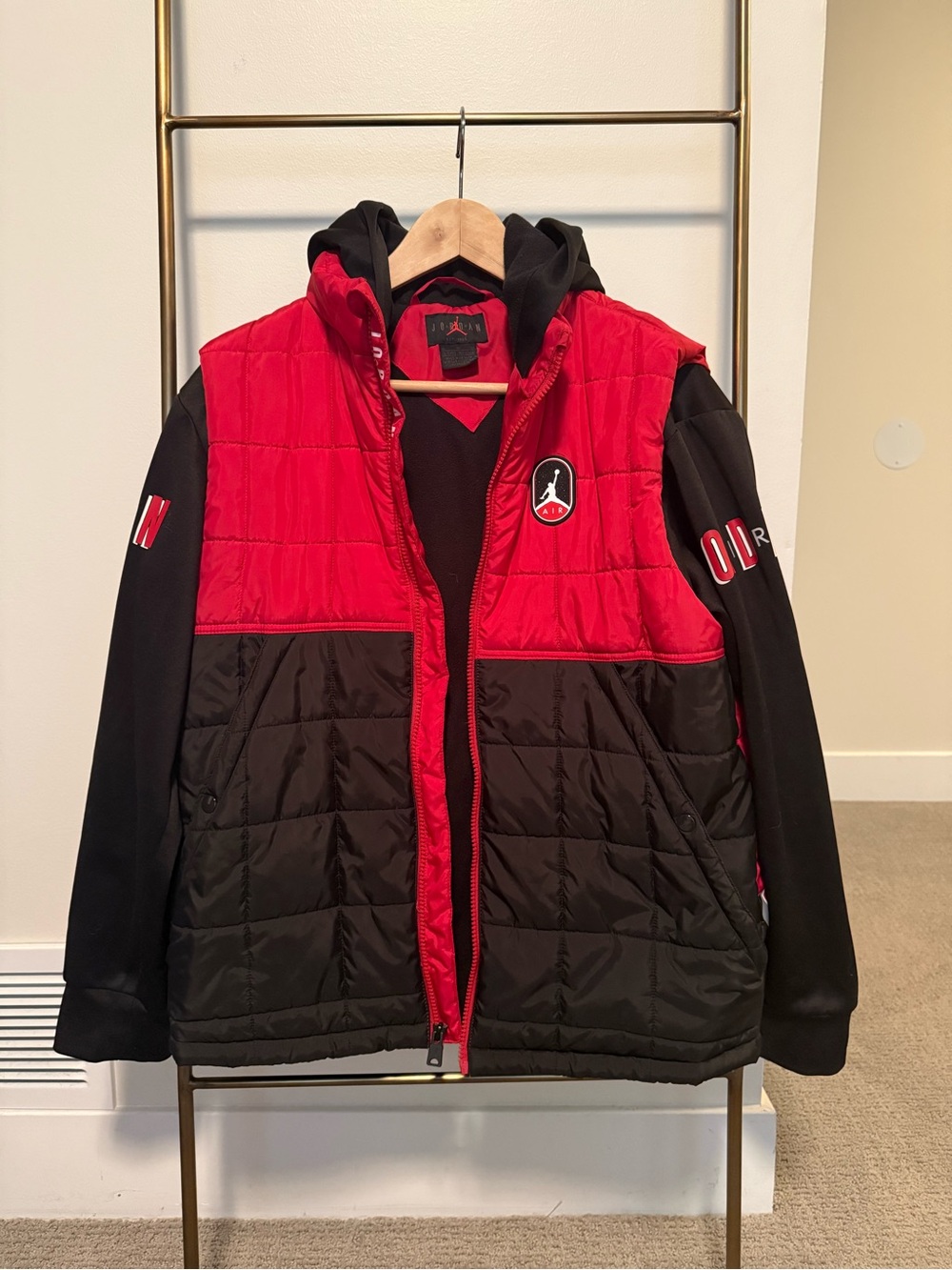 Jordan Youth Black and Red Quilted Hooded Puffer Jacket